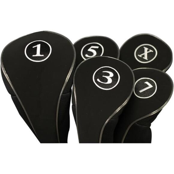 Black Golf Zipper Head Covers Driver 1 3 5 7 X Fairway Woods Headcovers Metal - Picture 1 of 7